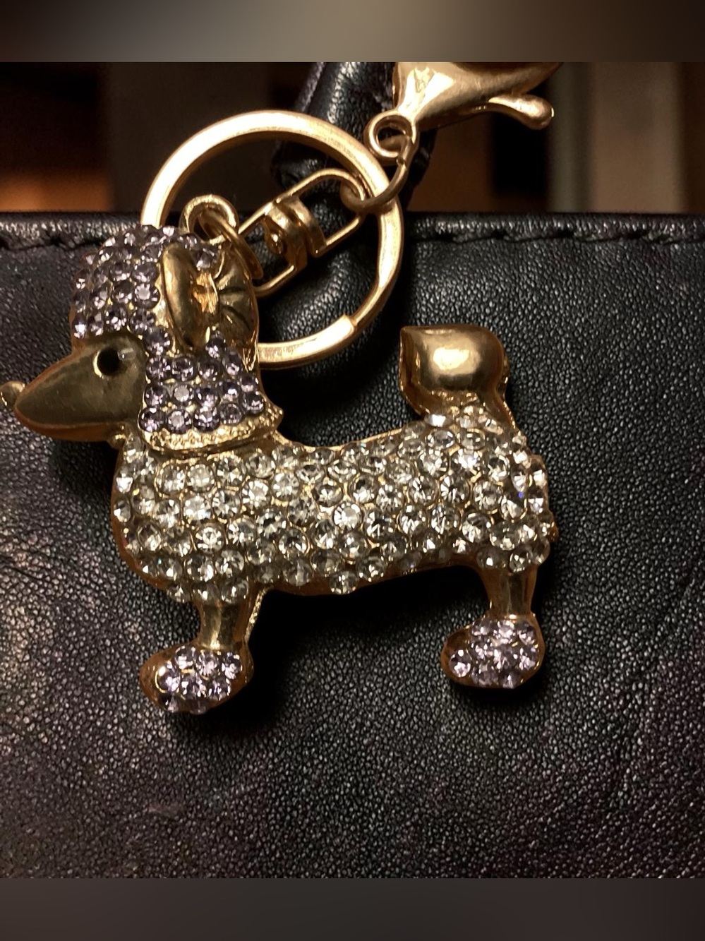 Poodle Gold-tone Crystal Keychain Bag Charm Clear and lilac rhinestones